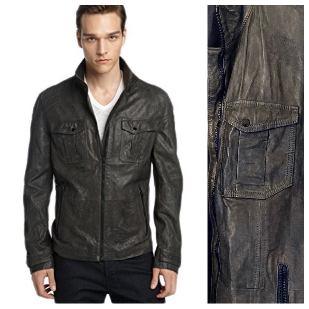 Mens Hugo Boss Crinkled Lambskin Leather Biker Moto Jacket size 52IT/42R